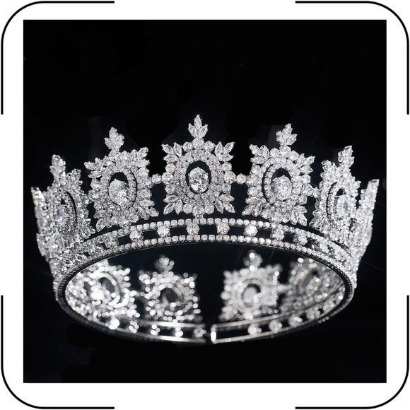 Cubic Zirconia Bridal Tiara Silver Queen Crown for Wedding Prom Queen Gift - Picture 1 of 9